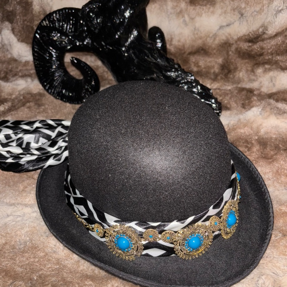 Black Bowler Hat with Turquoise Accents